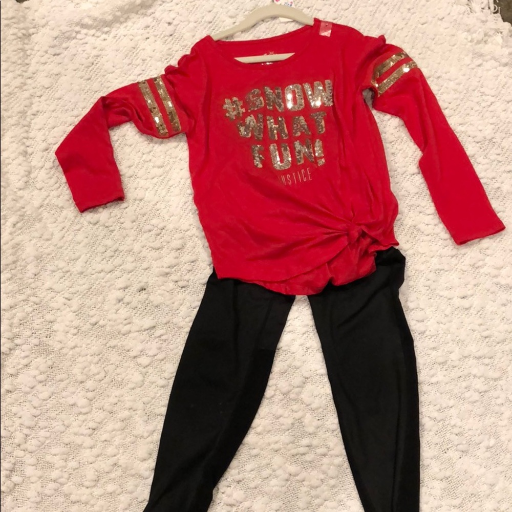 A Justice winter top and gap black stretchy pants!